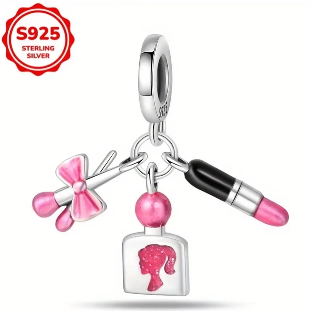 Sterling Silver Barbie Pink Makeup Lipstick Perfume Dangle Charm